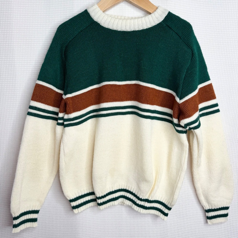Vintage Sears Boys Large 7 Knit Sweater Green Cream Colorblock Retro Preppy 90s